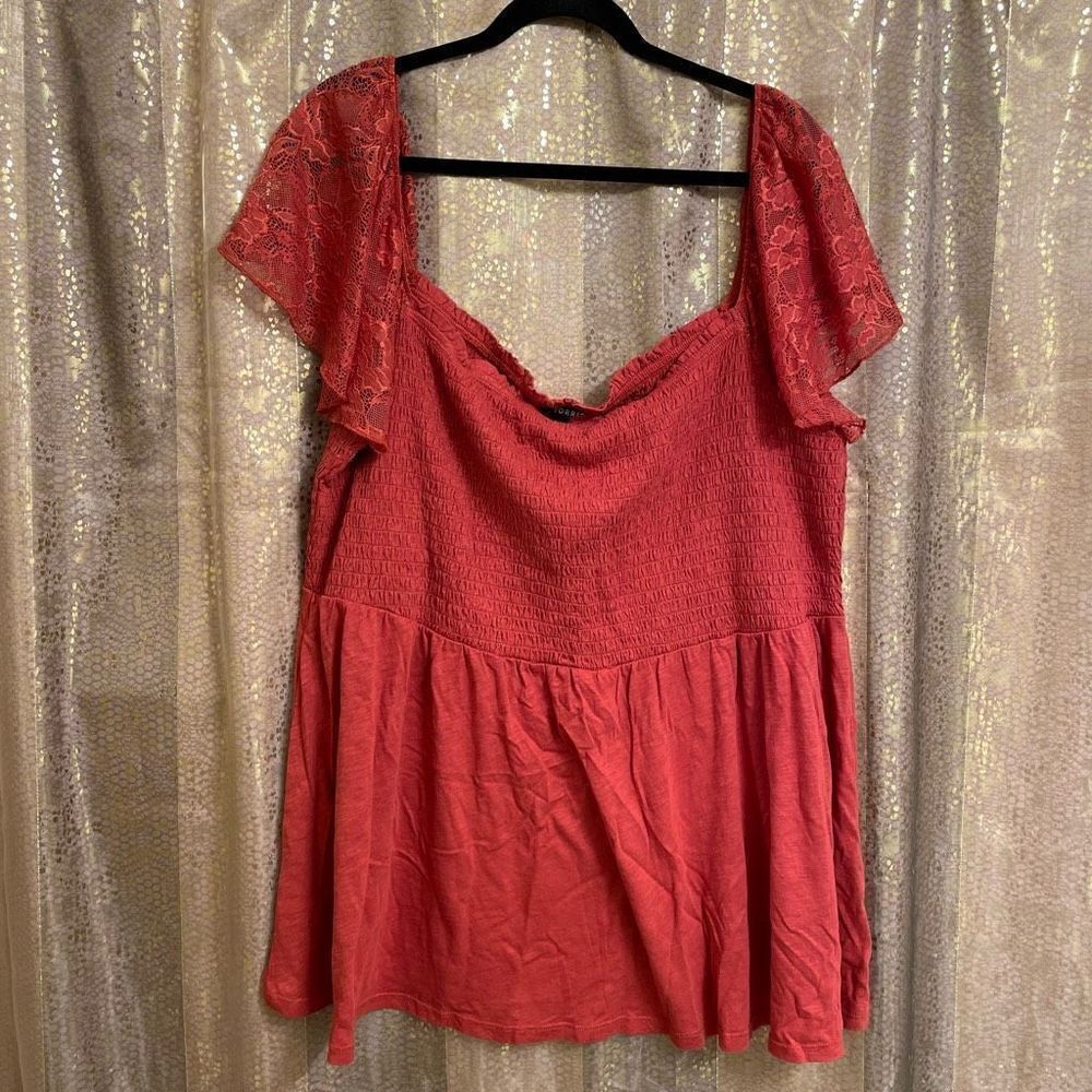 Torrid Smocked Lace Sleeve Babydoll Tank Blouse Cotton Burnt Orange Rust, 4X/26